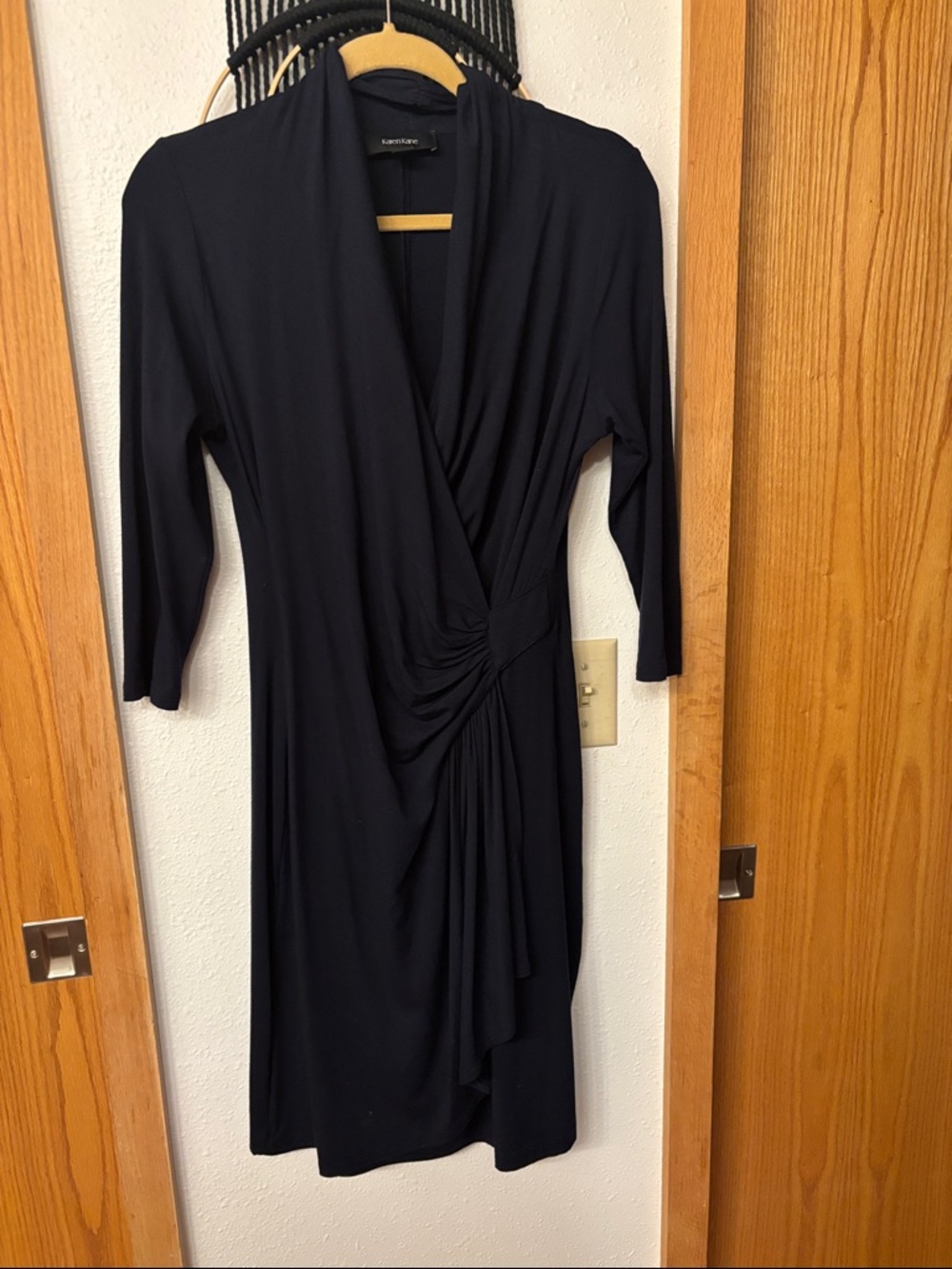 Navy Faux-Wrap Ruched Long-Sleeve Midi Dress